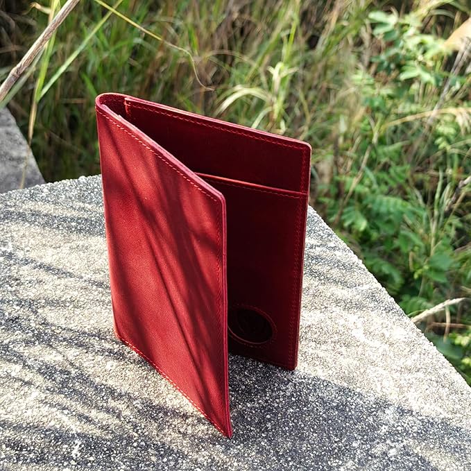 STAR VISTA Albatross Leather Travel Passport Holder, Minimalist Design, Full Grain Leather Case for Women and Men - Slim Passport Wallet, Bifold, RFID Blocking, with AirTag Holder, Crimson Red
