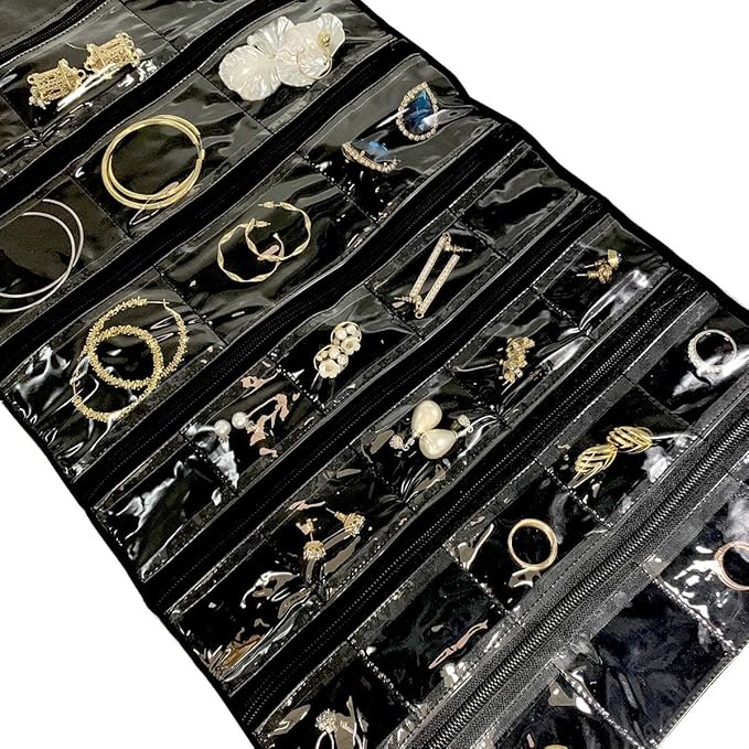 Travel Jewelry Roll Bag Portable Organizer Pouch With Grids&PVC Cover Storage Bags for Necklace, Bracelet, Bracelet,Ring, Badge, Pendant