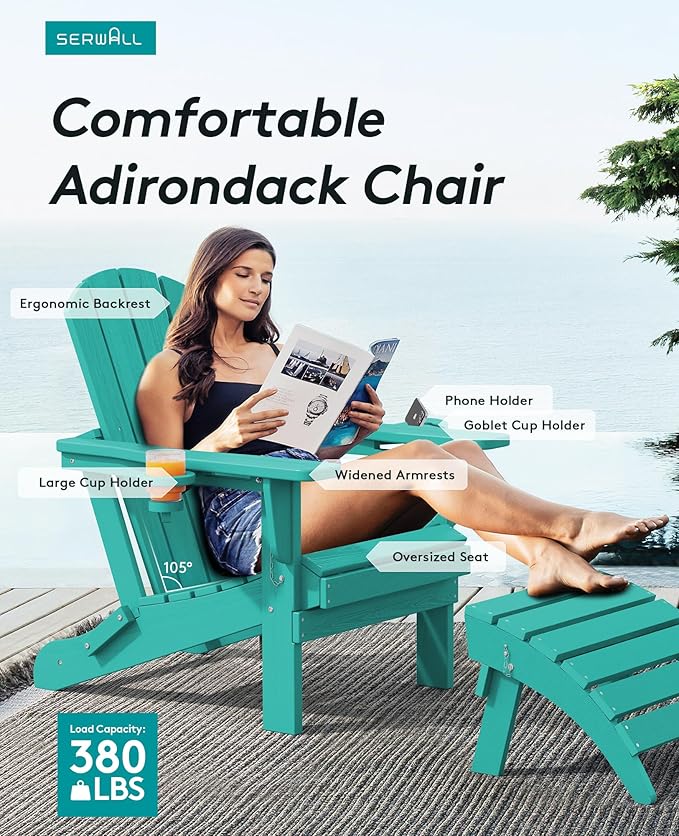 SERWALL Adirondack Chair with Cup Holders - Composite Adirondack Chairs Set of 8 HDPE Outdoor Chairs All Weather Use- Aruba