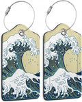 Luggage Tags for Suitcase,2 Pack Japanese Ocean Wave Luggage Tag Leather Privacy Cover ID Label with Stainless Steel Loop for Women Men Kids Girls Travel