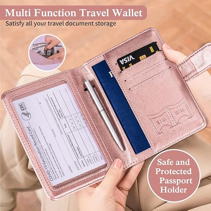 TIGARI Passport Holder for Travel Women Men, PU Leather Waterproof RFID Passport Holder Wallet Cover Case Sleeve, Family Vacation Plane Cruise Travel Document Organizer Essentials-Pink
