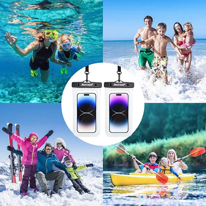 Hiearcool Waterproof Phone Pouch, Waterproof Beach Bag Compatible for iPhone 16 15 14 13 Pro Max Up to 8.3", IPX8 Cellphone Kayak Accessories, Travel Essentials for Beach -Clear-2Pack