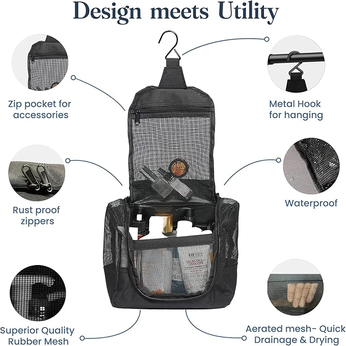 The Fine Living Co. Portable Hanging Shower Caddy Organizer Bag (Free Toiletries Case+Metal Hook) Quick Dry Mesh Shower Caddy Tote Bag Pouch For Bathroom College Dorm Camp Gym Camping 10”x4”x8”(Black)