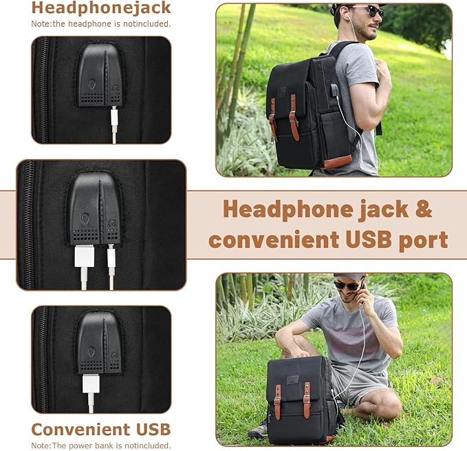 HFSX Vintage Backpack Laptop Backpack Men Women Business Travel Computer Backpack College Bookbag Stylish Water Resistant Vintage Backpack with USB Port Fits 15.6 Inch Laptop Black
