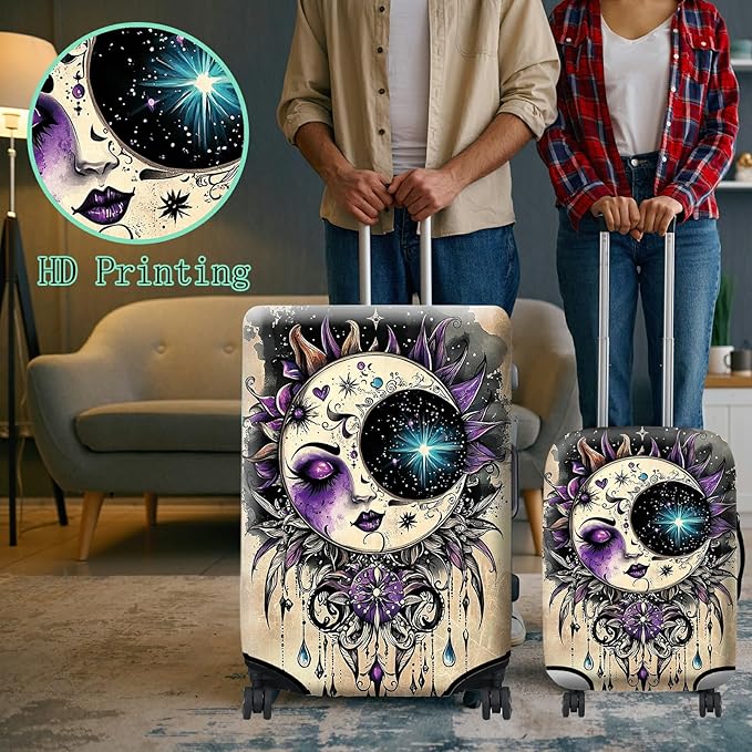 Luggage Protector Plus 1 Luggage Tag, Gothic Moon Face Travel Case Cover for 26-28 inch Suitcase with Elastic Dustproof, Scratch Resistant Concealed Zipper