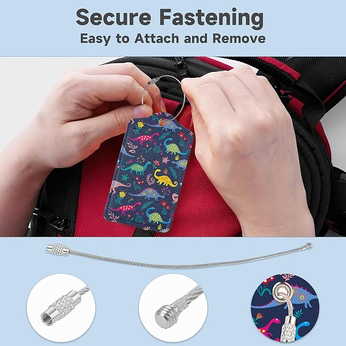 Set of 2 Luggage Tags for Suitcases, Leather Cute Cartoon Dinosaur Baggage Tags with Stainless Steel Loop, Privacy Name ID Card Cover Kawaii Travel Labels for Women Men Kids Girls