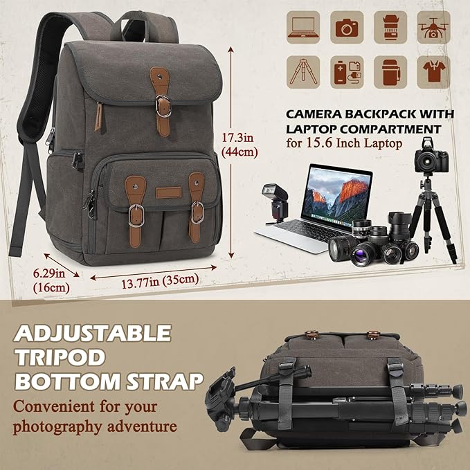 RAINSMORE Camera Bag Backpack for DSLR/SLR Mirrorless 15.6 Inch Laptop Camera Back Pack for Photographers Anti-Theft Photography Bags Case with Tripod Holder & Rain Cover, Dark Grey