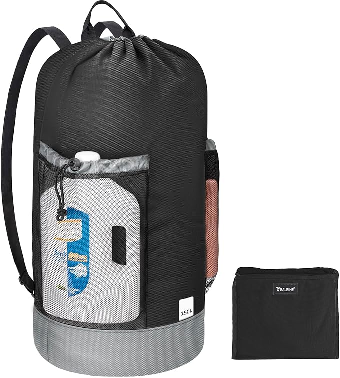 BALEINE 150L Laundry Bag Backpack, 900D Oxford Fabric Large Travel Laundry Bags with Shoulder Straps and 2 Mesh Pockets for College Dorm, Apartment, Laundromat (Black, 150L)