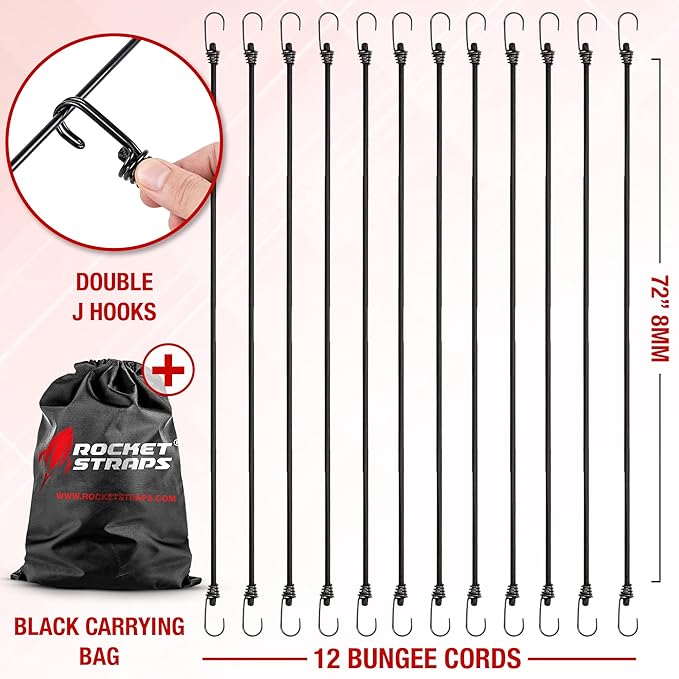 Rocket Straps - Ultimate Outdoor Bungee Cord Assortment - Heavy Duty Set of 12 Bungee Cords (72") Double-J Hooks - Elastic Straps for Camping, Securing, and DIY and Multipurpose