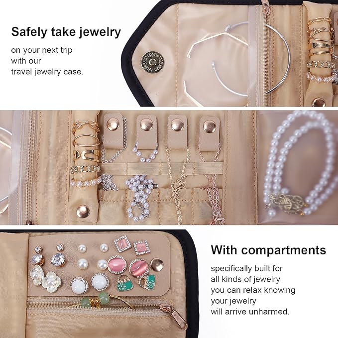 emissary Small Jewelry Travel Case Organizer for Necklace, Earrings, Rings, Bracelet, Jewelry Storage, Earring Storage, Necklace Storage, Valentines Day Gifts Pouch Bag Accessories for Travel(Black)