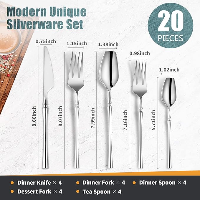 20-Piece Silverware Set for 4,Modern 18/10 Stainless Steel Flatware Set,Unique Rustic Cutlery Utensils Set,Spoon and Fork Set for Home, Restaurant,Wedding,Mirror Polished,Dishwasher Safe