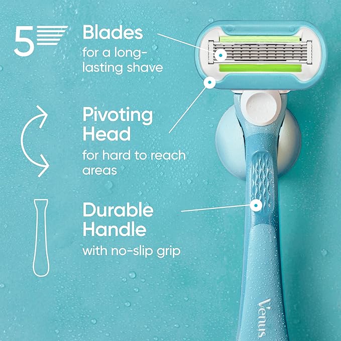 Gillette Venus Extra Smooth Razor for Women, Includes 1 Reusable Razor Handle + 4 Refills, 5-Bladed, Ergonomic No-Slip Gel Handle and Shower Holder