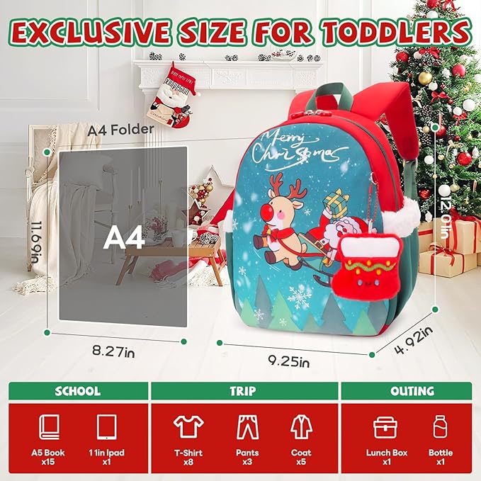 SUN EIGHT Kids Christmas Backpack – Glow in the Dark Santa & Reindeer Design, Lightweight Waterproof School Bag with Plush Stocking Charm & Gift Bag – Perfect Holiday Present for Boys and Girls