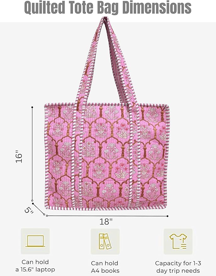 Cotton Quilted Tote Bag for Women – Large Beach & Travel Tote with Zipper, Reusable Grocery Bag