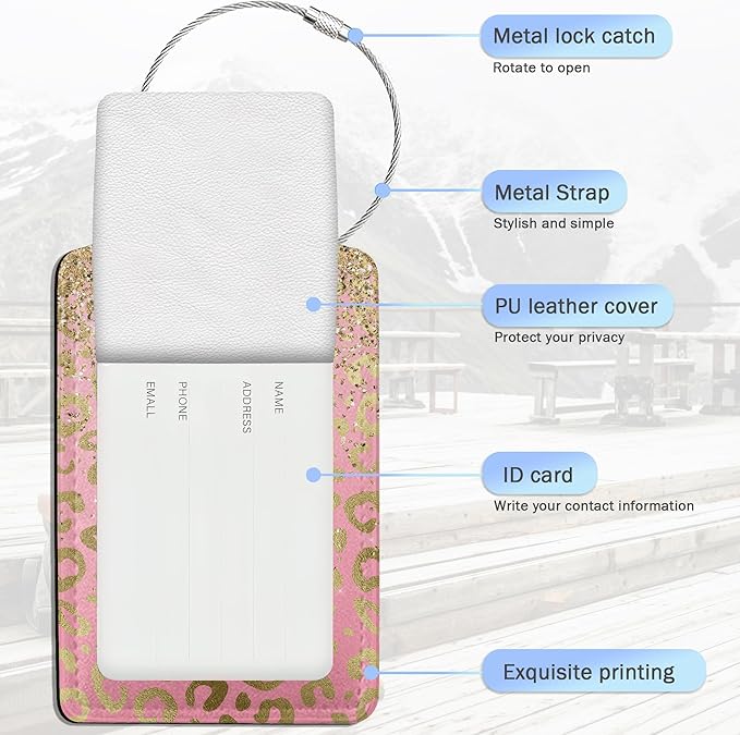 Luggage Tags for Suitcase,Pink Rose Gold Leopard Skin Luggage Tags of Set 2 Leather Identifiers Privacy Cover with Stainless Steel Loop for Women Men Travel Bag Suitcase