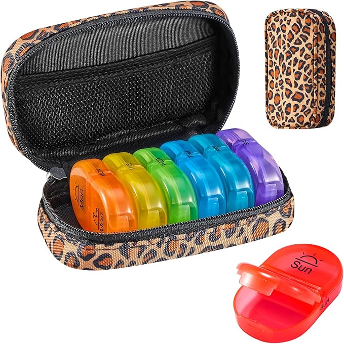 Serfeymi Weekly Travel Pill Organizer 2 Times A Day AM PM Upgraded Rainbow Pill Box 7 Day with Portable Zipper Canvas Pill Case, Medicine Organizer for Pills, Vitamins, Fish Oils - Brown 01