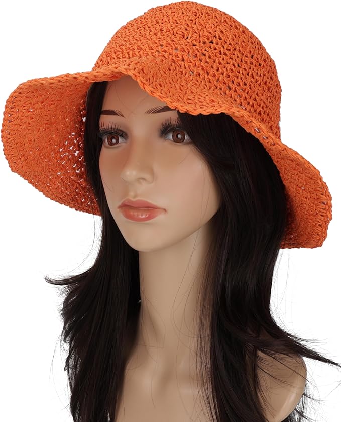 Womens Wide Brim Straw Sun Hat Foldable Floppy Crochet Beach Hat for Summer