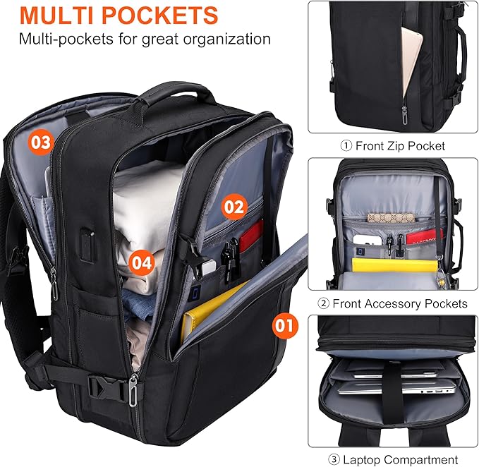 PIJUSHI Travel Backpack for Women Men Expandable Carry on Luggage Backpack Airline Approved Personal Item Laptop Bag(PE034 Black)