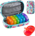 Serfeymi Weekly Travel Pill Organizer 2 Times A Day AM PM Upgraded Rainbow Pill Box 7 Day with Portable Zipper PU Leather Pill Case, Medicine Organizer for Pills, Vitamins, Fish Oils - Green-01