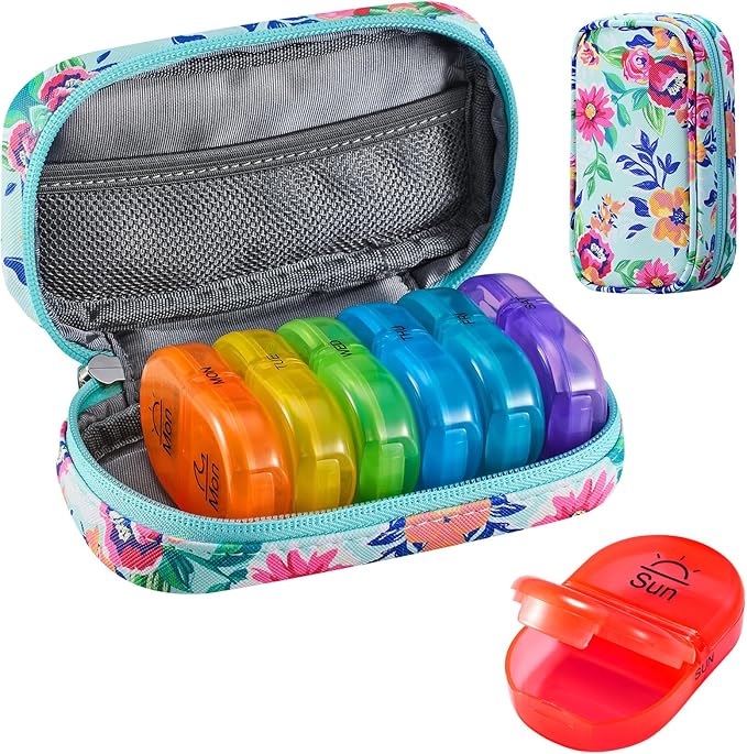 Serfeymi Weekly Travel Pill Organizer 2 Times A Day AM PM Upgraded Rainbow Pill Box 7 Day with Portable Zipper PU Leather Pill Case, Medicine Organizer for Pills, Vitamins, Fish Oils - Green-01