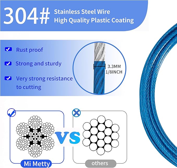 3.3mm (1/8 Inch) Outdoor Travel Stainless Steel Security Cable-15ft Luggage Lock Safety Wire Flexible Steel Wire Rope with Double Loop Safety for Luggage, Bike, Lock (Blue, 15ft-(1Pack)