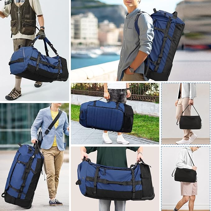 Rolling Duffle Bag with Wheels,86L 30”Folding Duffle Backpack with 2 Wheels,Travel Bag with Separate Shoe Compartment,Dark Blue