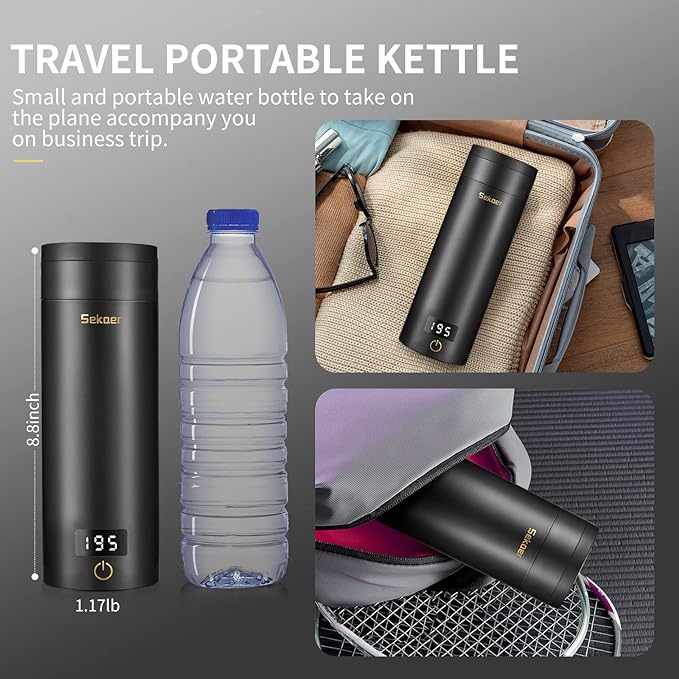 Sekaer Travel Electric Tea Kettle Portable Small Mini Coffee Kettle, with 4 Variable Presets, Personal Hot Water Boiler 304 Stainless Steel with Auto Shut-Off & Boil Dry Protection, SY-618B