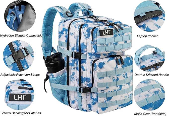 LHI Military Tactical Backpack for Men and Women 45L Army 3 Days Assault Pack Bag Large Rucksack with Molle System - Light blue tie-dye