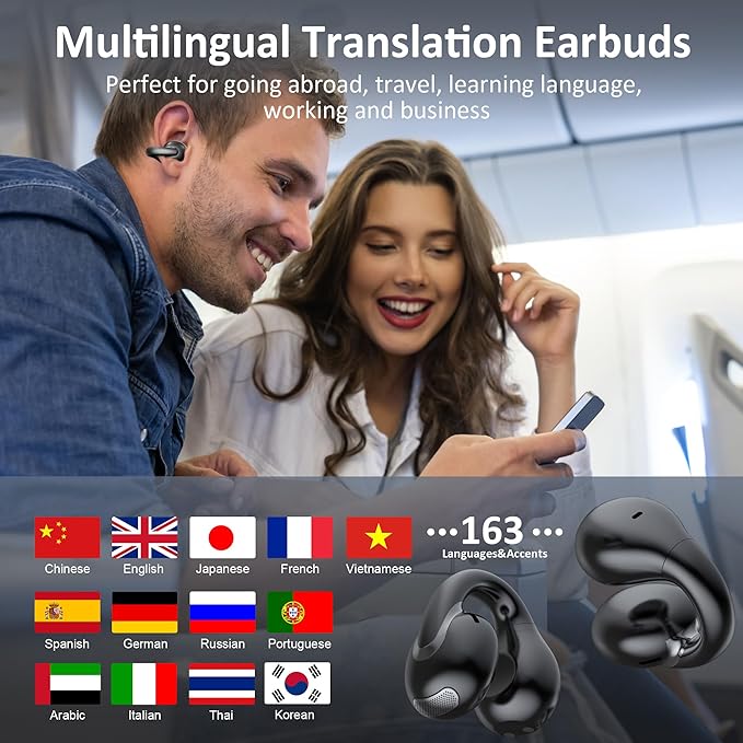 AI Language Translation Earbuds Real Time, IAMJOY Language Translator Earbuds Open Ear Clip-On Design, 163 Language & Accents Two-Way Translator Device with APP for Travel Learning Business, Black