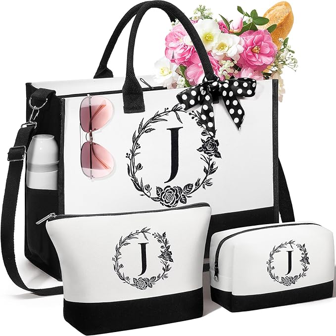 Personalized Christmas Gifts for Women, Initial Canvas Tote Bag & Makeup Bag Monogrammed Beach Tote Bags for Women w/Zipper, Birthday Gifts for Mom Her Sister Friend Girlfriend Wife Daughter Teacher