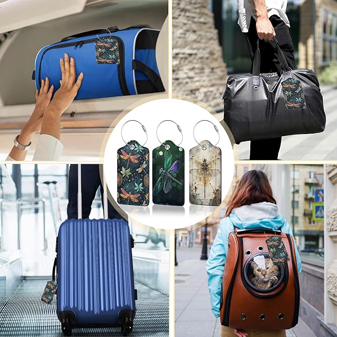 3 PCS Dragonfly Luggage Tags,Fantasy Dragonfly Suitcase Tags Privacy Cover ID Label with Stainless Steel Loop and Address Card for Travel Bag Suitcase