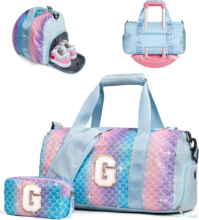 Gifts for 4 5 6 7 8 9 10 Year Old Girls-Girl Gym Bag with Shoe Compartment, Kid Personalized Weekender Overnight Bags, Initial Travel Tote with Makeup Pouch, Gift for Daughter (Letter G)
