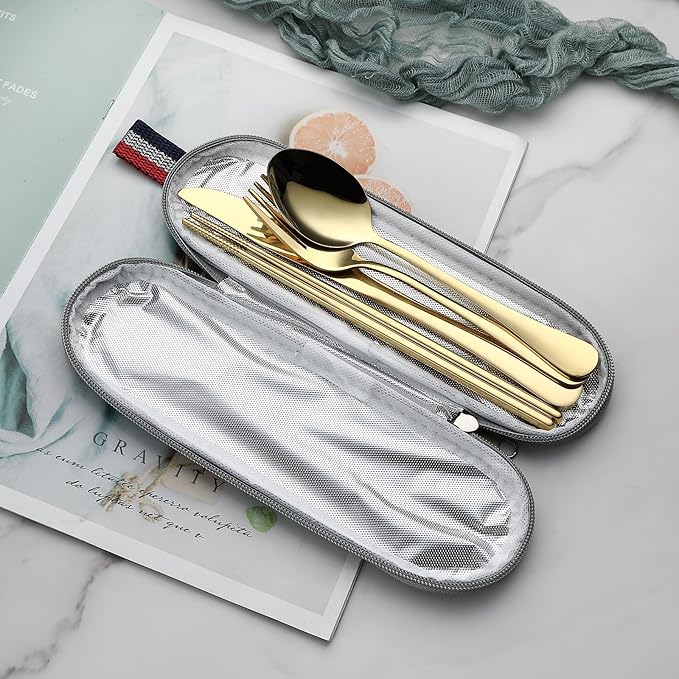 DEVICO Camping Utensils, Portable Travel Utensils with Case, Stainless Steel Reusable Silverware for Lunch Adult, 5Pcs Cutlery Set Includes Knife Spoon Fork Chopsticks and Case (Gold)