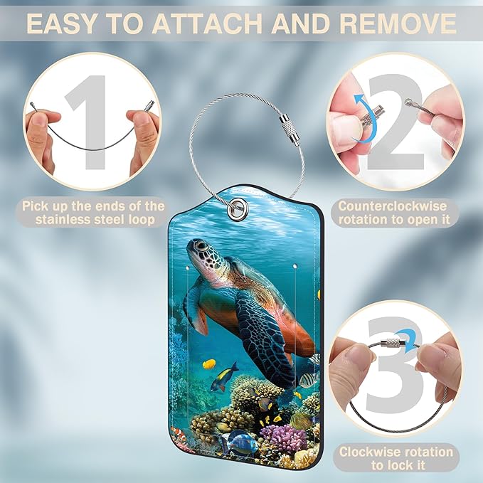 2 Pcs Sea Turtle Luggage Tags for Suitcases PU Leather Baggage Tags Name ID Label with Privacy Cover and Stainless Steel Loop for Men Women Travel Bag Suitcase