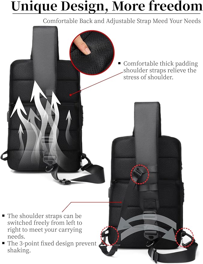 BASICPOWER Sling Bag for Men Women, Shoulder Crossbody Backpack with USB Port, Anti-theft Chest Bag for Business Travel Daily