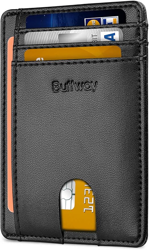 Buffway Slim Minimalist Front Pocket RFID Blocking Leather Wallets for Men and Women - Sand Black