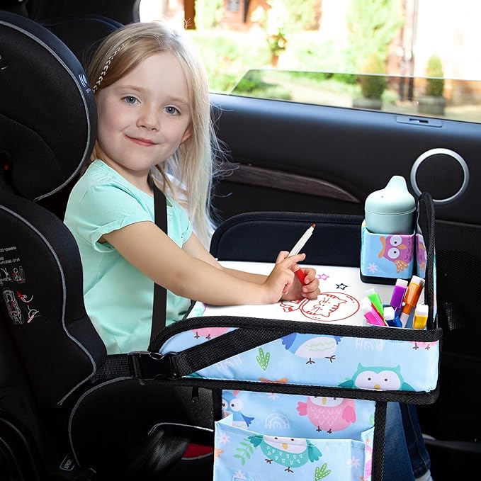 Kids Travel Tray, Car Seat Tray for kids Travel, Toddler Road Trip Essentials With Drawing Kit, Toddler Lap Desk Organizer for Car, Carseat Table for Airplane
