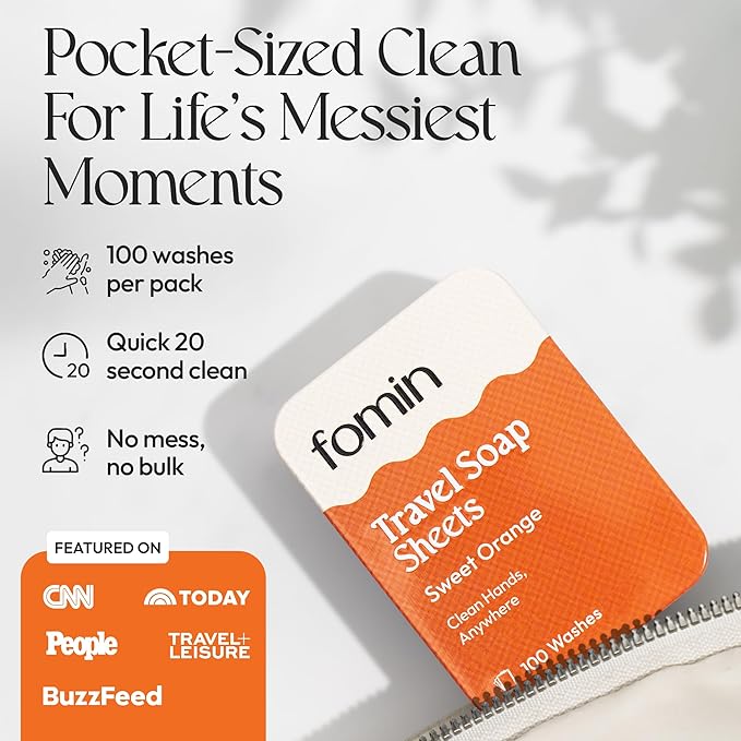 FOMIN - Antibacterial Paper Soap Sheets Tin for Traveling - (100 Sheets) Orange Portable Travel Hand Soap Sheet, Dissolvable Mini Camping Hand Soap for Hand Washing