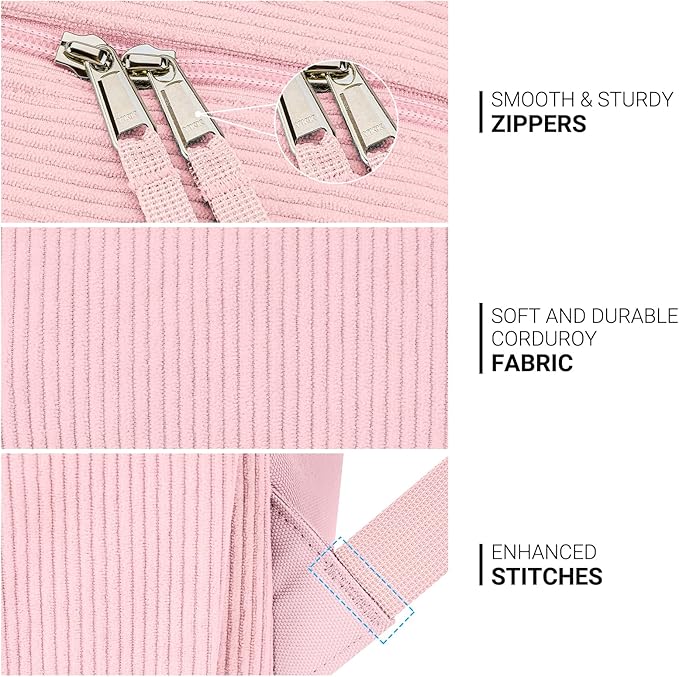 ZORFIN 26L Backpack for College, and Travel: Corduroy Bookbag - Light Pink
