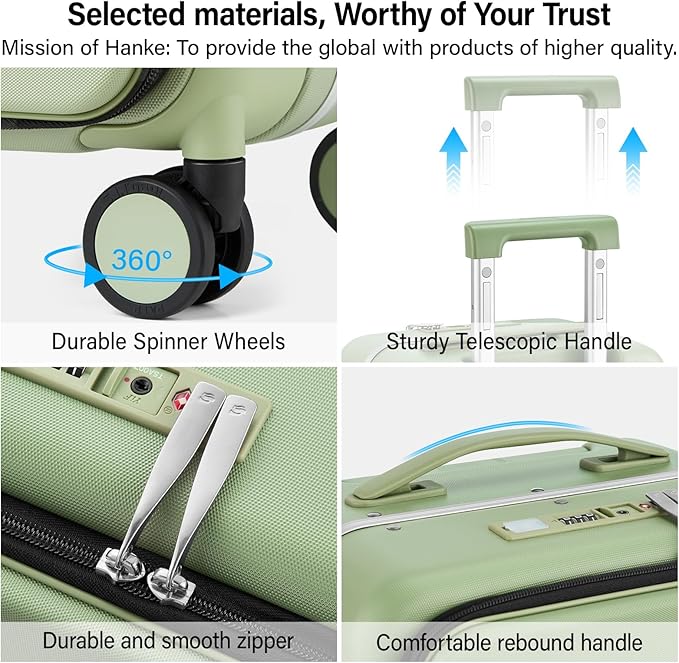 Hanke 24 Inch Luggage with Cup Holder and Charge,Top Opening Hard Shell Suitcases with Wheels and Dividers,Aluminum Frame Trunk Luggage Medium Checked Suitcase with Lock for Travel，Bamboo Green