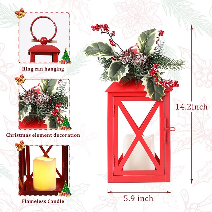 Christmas Lanterns Decorative Outdoor, Waterproof 14.2" Decorative Christmas Red Lantern Indoor Decor Metal Hanging Candle Holder LED Flameless Candle Lantern for Patio, Porch, 2 Packs