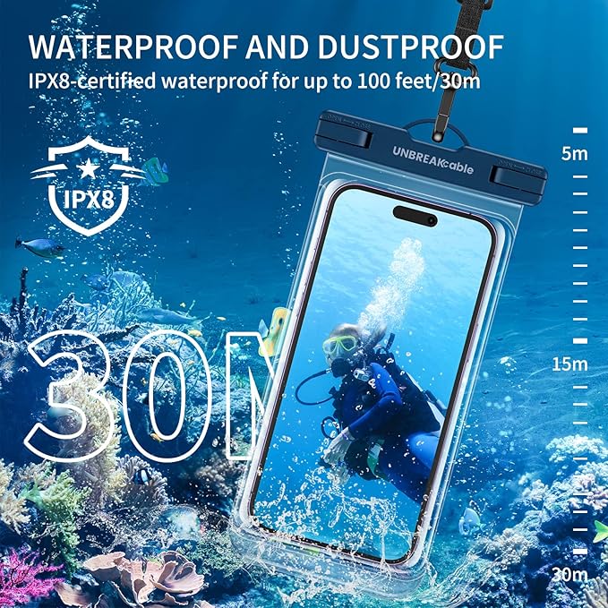 UNBREAKcable Waterproof Phone Pouch-2 Pack IPX8 Waterproof Phone Case for iPhone 16 15 14 13 12 11 Pro Max & Samsung S25 S24-Dry Bag & Travel Essentials for Beach, Pool, Kayak & Cruise-7" Black+Blue