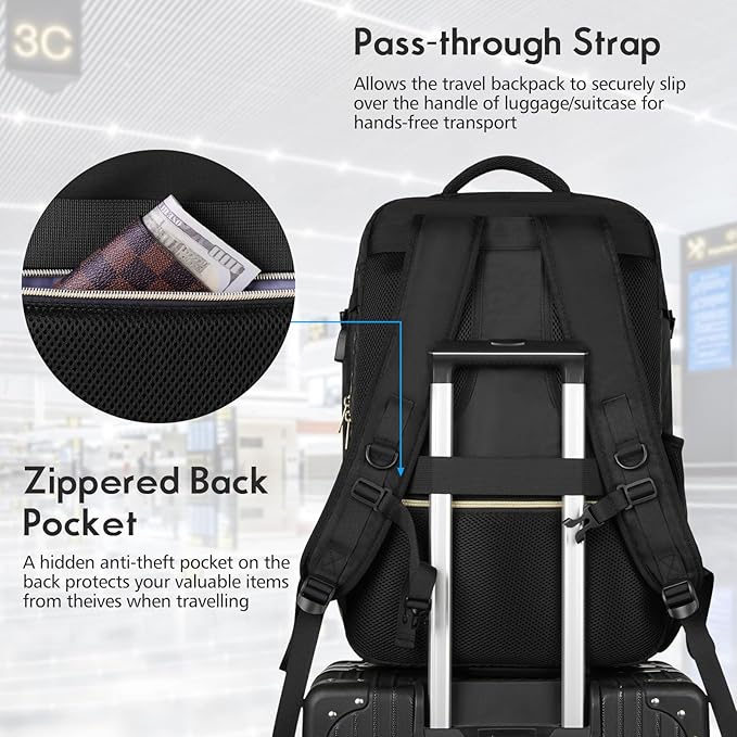 MOMUVO Large Travel Backpack Women, Flight Approved Carry On Backpack with 3 Packing Cubes, Water Resistant Anti-Theft Large School Bag Fit 18.4 Inch Laptop with USB Charging Port, Black