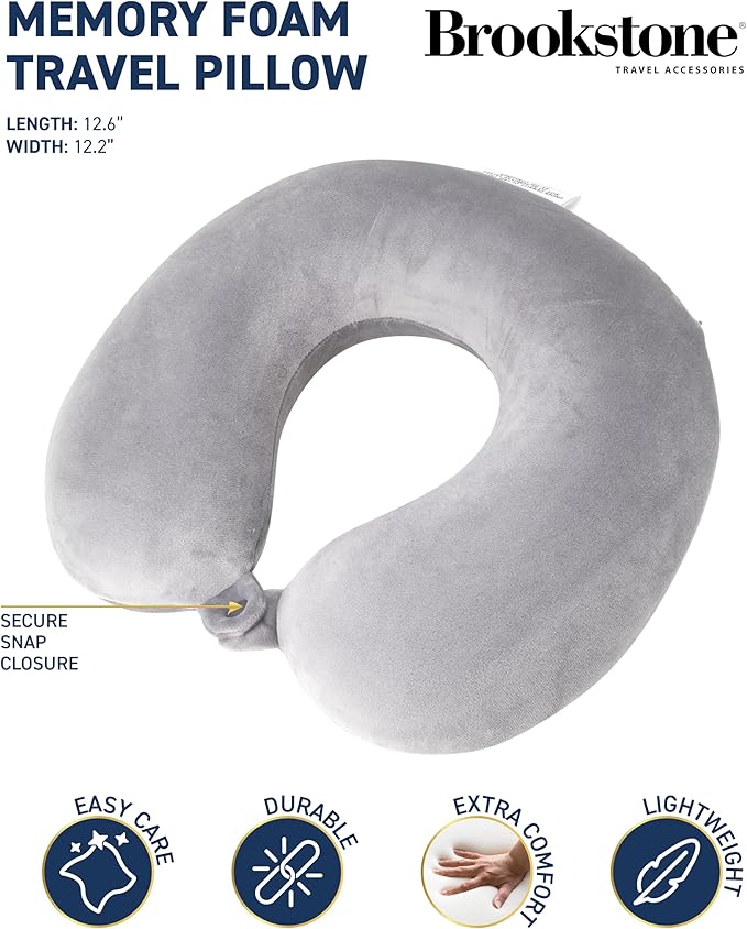 Brookstone Travel Neck Pillow - Lightweight Fleece Casing U-Shaped Stuffable Memory Foam Travel Pillow for Sleeping and Neck Support, Size One Size, Grey
