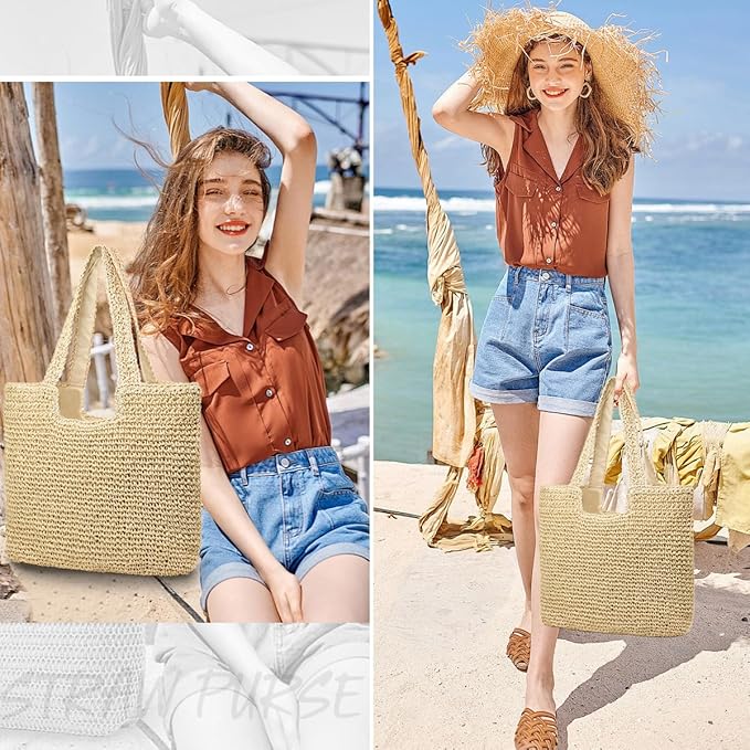 Straw Beach Bags for Women Woven Beach Tote Bag Casual Boho Large Shoulder Handbags Purse for Vacation Holiday