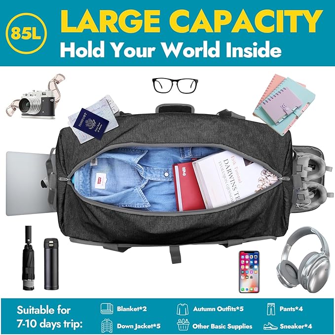 Canway 85L Travel Duffel Bag, Foldable Weekender Bag with Shoes Compartment for Men Women Water-proof & Tear Resistant (Panther Black, 85L)