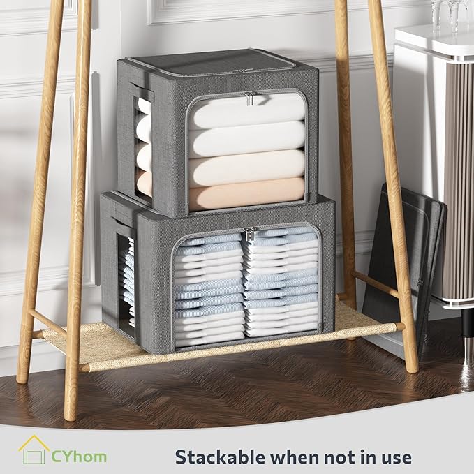 CYhom 4 Pack Clothes Storage Bins with Metal Frame - Linen Fabric Foldable Stackable Container Organizer Set with Clear Window & Carry Handles & Zippers (Dark Gray, 19.7"x15.7"x13")
