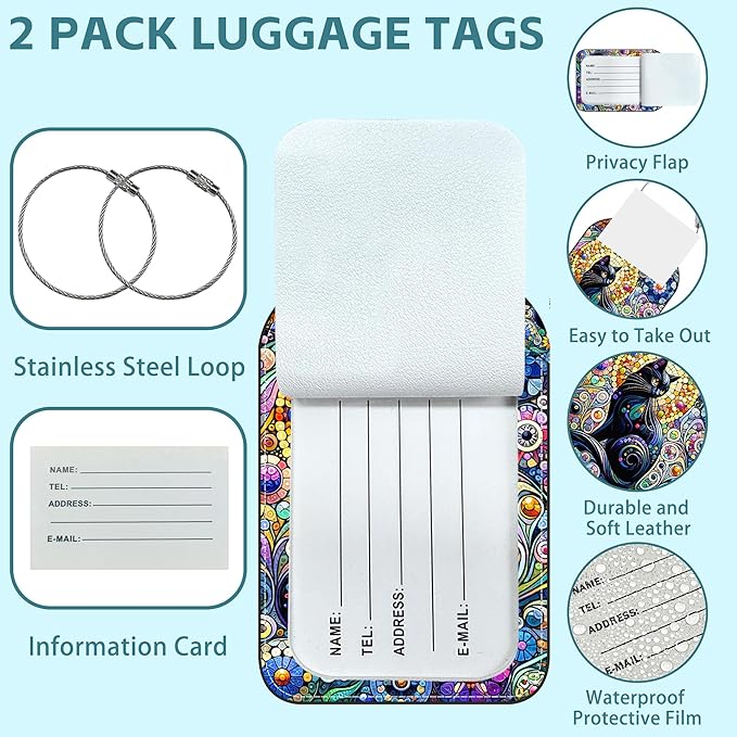 2 Pack Cute Luggage Tag for Suitcases Black Cat Leather Luggage Tags with Stainless Steel Loop Privacy Flap Name Tags,Men and Women Travel Bag Suitcase Tags