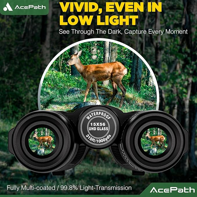 15x56 Binoculars for Adults High Powered - Large View Waterproof Binoculars with Clear Low Light Vision - Compact Binocular Essentials for Hunting Camping Cruise Travel Bird Watching Sports