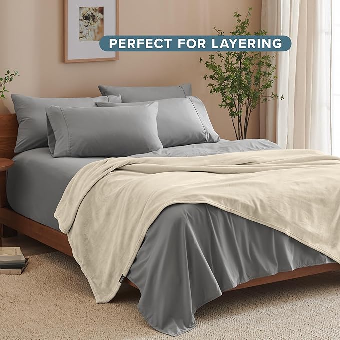 Bare Home Fleece Blanket - Throw/Travel - Ultra-Soft Lightweight for Bed, Sofa, and Couch - Luxury Microplush - Cozy Warm Blanket (Throw/Travel, Oyster)